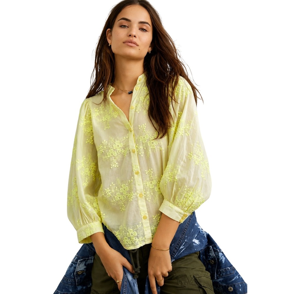Anthropologie Pilcro Top Large Yellow Floral Embroidered Cotton Gauze Blouse